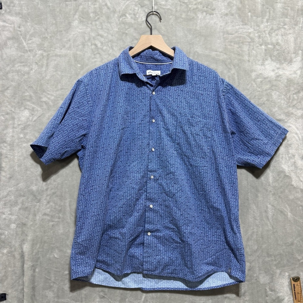 Peter Millar Shirt Men's Large Blue Geometric Travel Short Sleeve Button Up